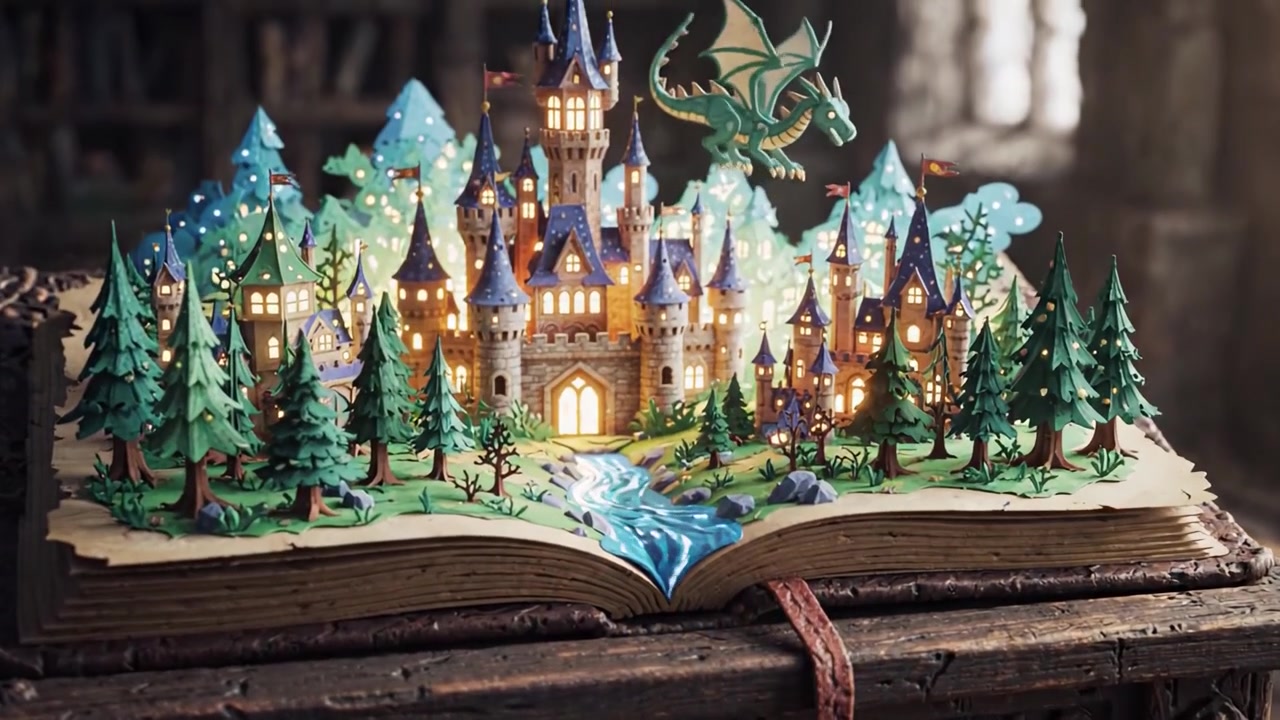 Um livro antigo misterioso revela reinos encantadores: descubra a transformação mágica de textos antigos em castelos pop-up animados com um dragão glorioso pairando acima.
