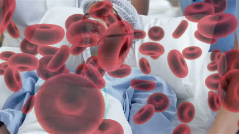 animación de glóbulos rojos con una mujer enferma en el fondo