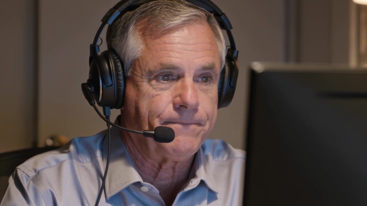 Responding to call, senior host conversing at office in light-blue shirt with headset and monitor
