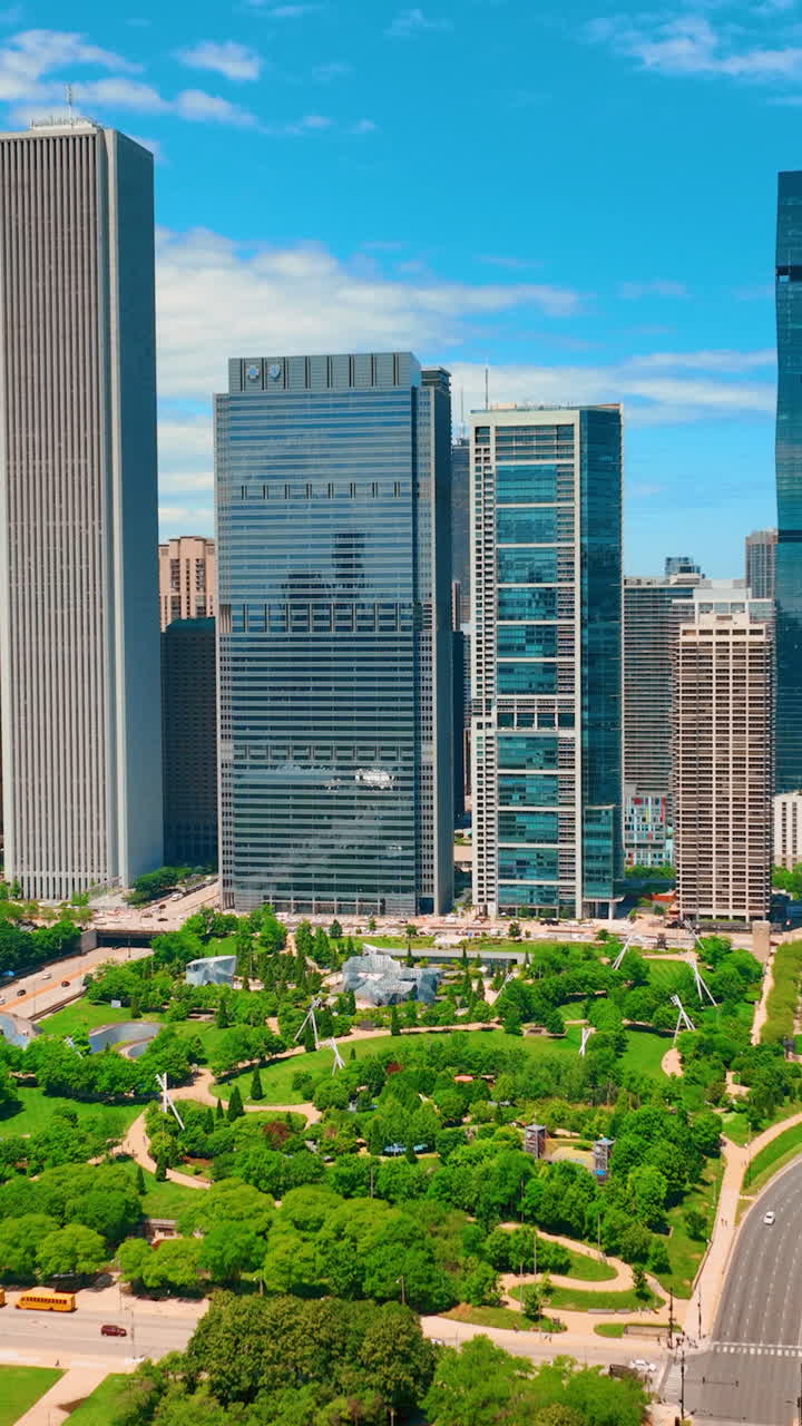 Chicago, Illinois, USA - June 01, 2024: City skyline, view from Grant park. Green park area with paths in downtown. Aerial view. Vertical video
