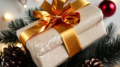 primer plano de un regalo de navidad envuelto en papel de brillo dorado con una cinta de oro y un arco, rodeado de ramas de pino y luces de navidad