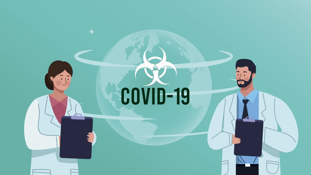 covid19 pandemic lettering with doctors couple