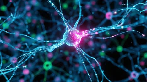 stunning visualization of neurons in a network: a close-up of synaptic connections and neural activity represented by vibrant colors and dynamic structures