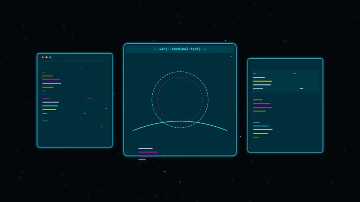 Abstrakt digital interface med flydende kodevinduer og cirkulær datavisualisering