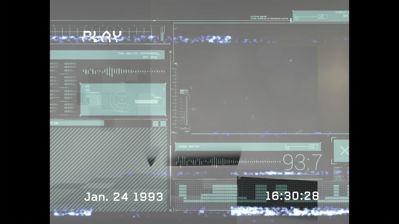 Animation of glitchy digital interface with date and time overlaying static effects
