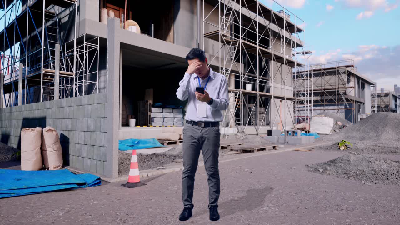 Seluruh badan pekerja profesional pria Asia dengan ponsel cerdasnya di lokasi konstruksi yang sedang membangun rumah baru, dia mengangguk dengan nada kecewa