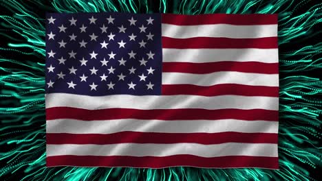 Digitale-Animation-Der-Schwenkenden-Amerikanischen-Flagge-Vor-Grünen-Digitalen-Wellen-Auf-Schwarzem-Hintergrund