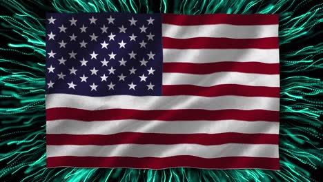 animación digital de agitar la bandera estadounidense contra ondas digitales verdes en fondo negro