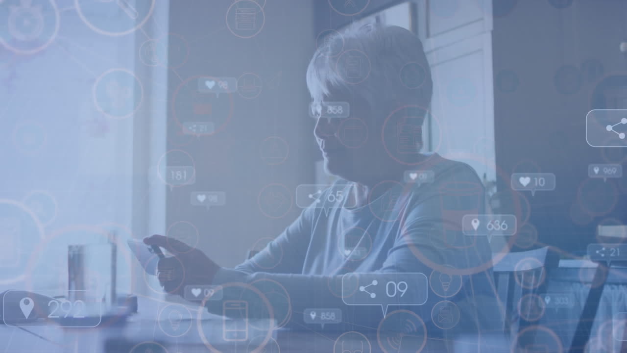 Animation of social media icons over woman using smartphone