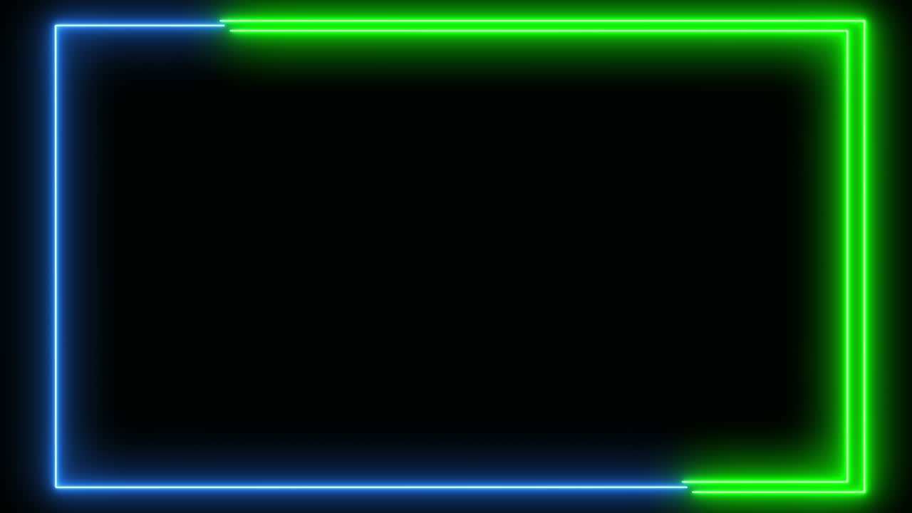 검은색 배경에 반이는 네온 프레임 애니메이션, 파란색과 녹색 네온 조명, 추상적인 배경.