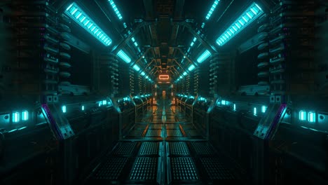 flying into spaceship tunnel, sci-fi spaceship corridor. futuristic technology for technical titles and backgrounds. internet traffic graphics, speed. 3d rendering. 4k animation of seamless loop