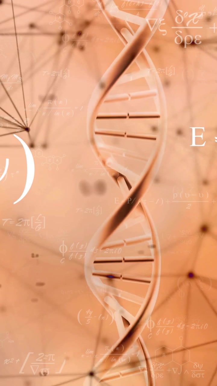 Animazione di filamenti di DNA ed equazioni su sfondo di rete geometrica in ambiente scolastico