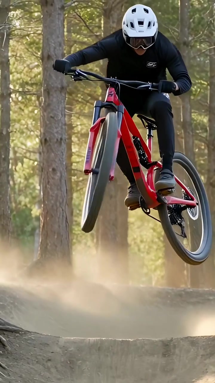 Video verticale: Avvicinandosi a una sponda, ciclista di MTB rosso con casco bianco che si lancia in una pineta per mantenere la velocità.