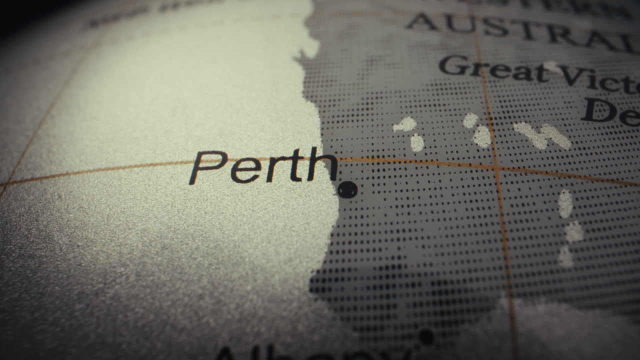 Close-up view of Perth on a vintage world globe