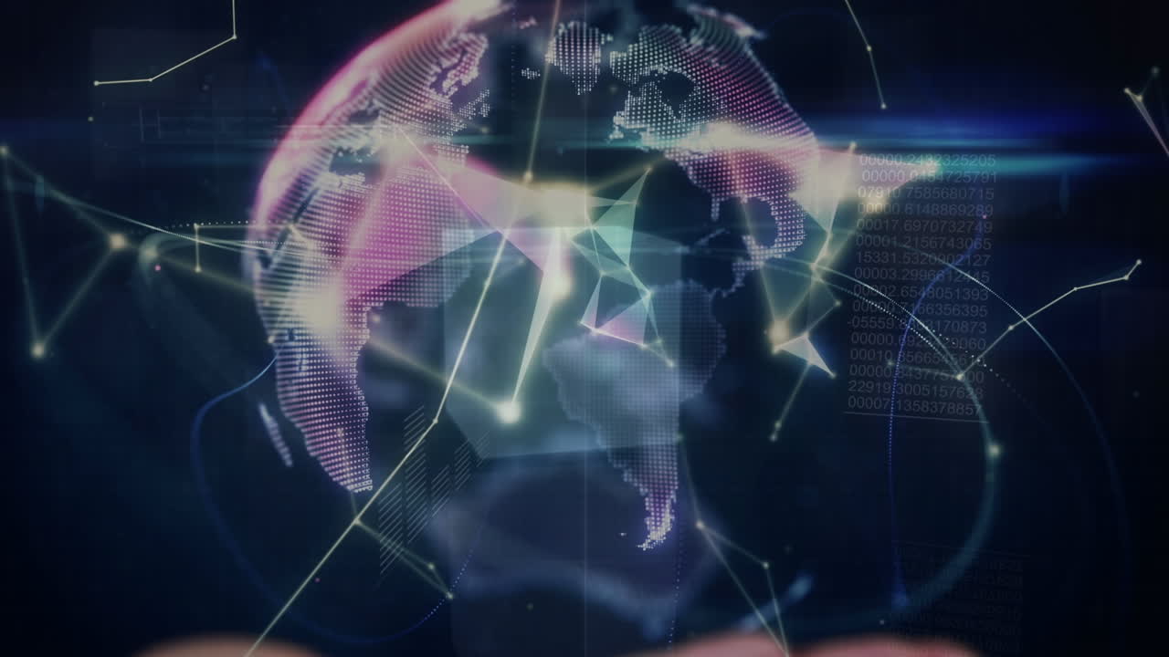 animación de bloques geométricos, formas y globo giratorio sobre la mano de una mujer caucásica