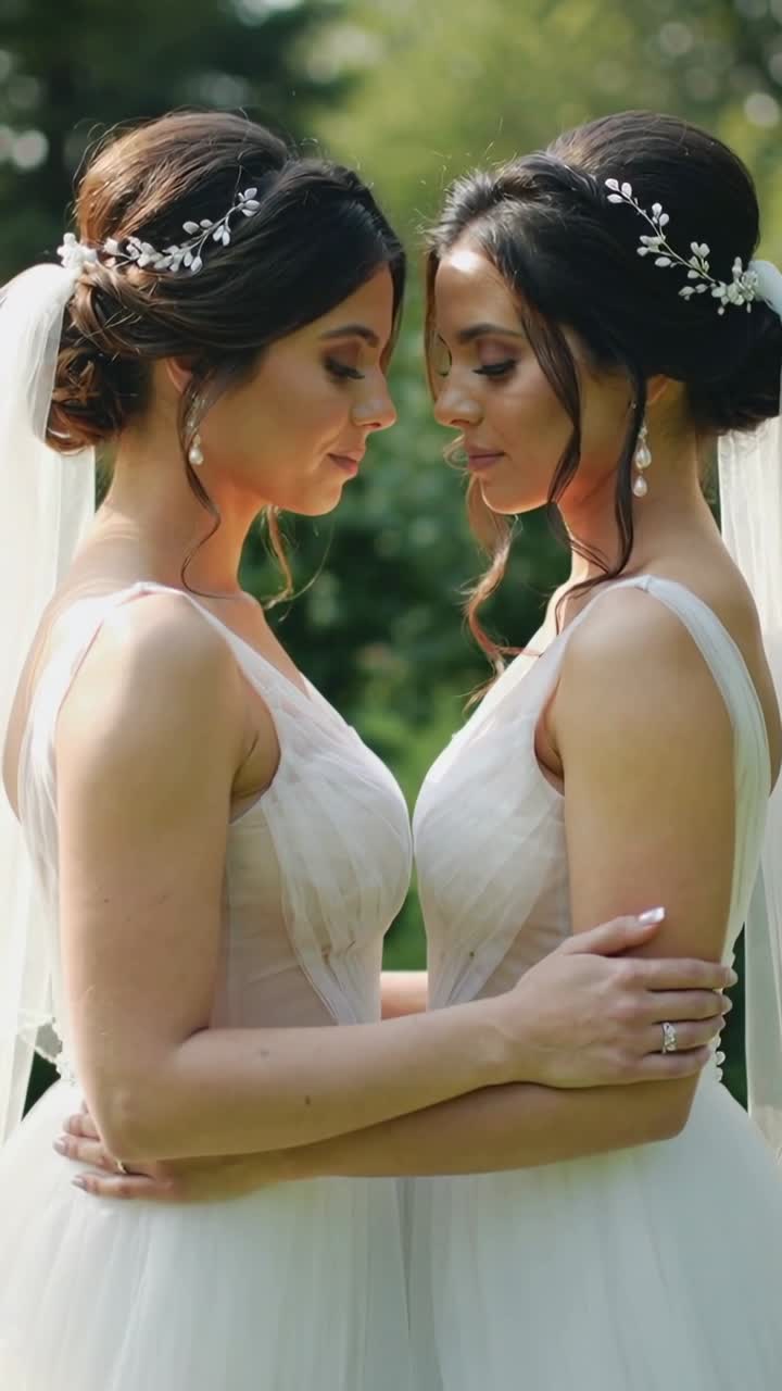 Dos novias abrazándose, con la mirada baja, deteniéndose al aire libre con vestidos de novia y velos.