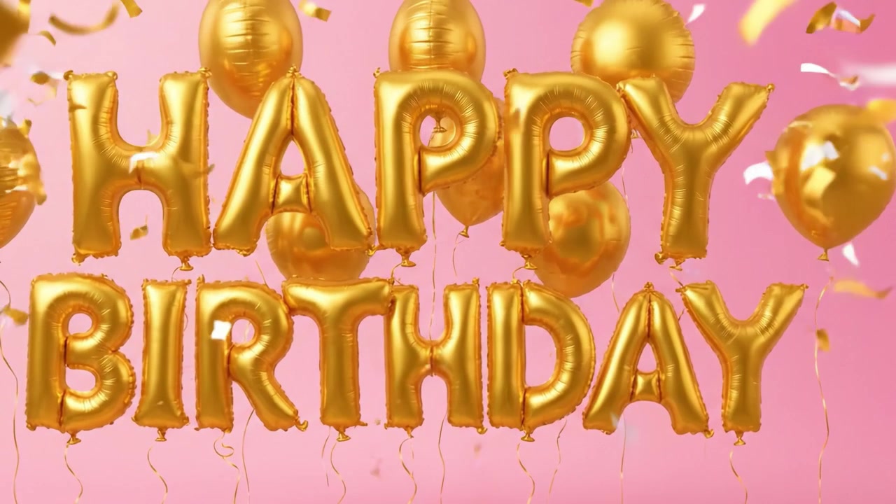Konfeti dolu neşeli pembe bir arka plana karşı canlı bir doğum günü mesajını heceleyen altın balonlarla şenlikli bir kutlama.