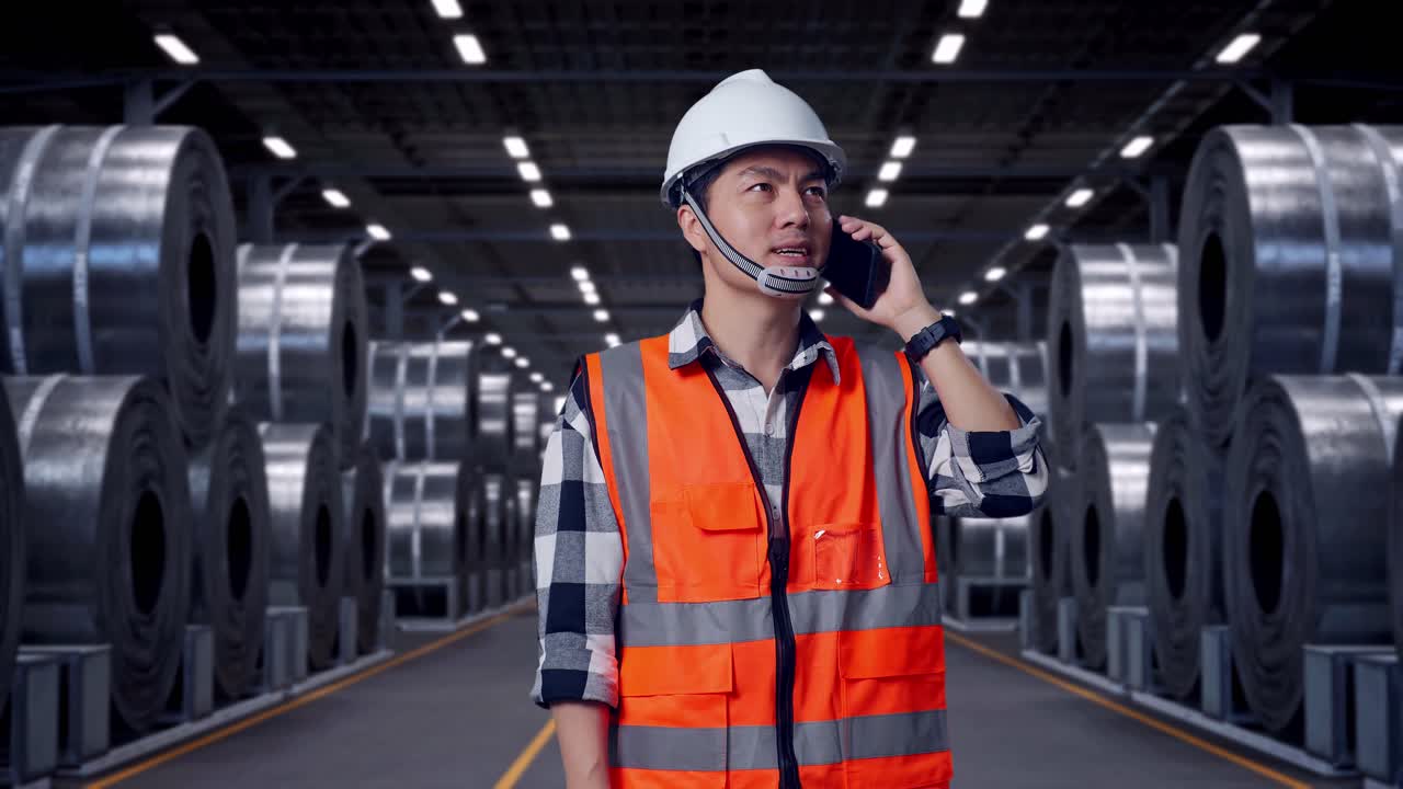 Ingeniero asiático con casco de seguridad hablando por teléfono inteligente mientras está de pie junto a pilas de enormes bobinas de acero