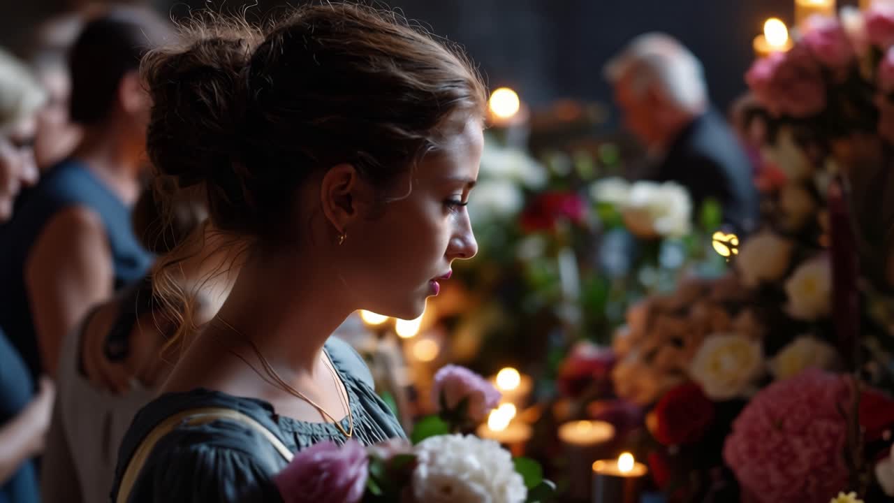 Una luce soffusa illumina fiori e candele. Una donna tiene dei fiori, con gli occhi abbassati in silenziosa riverenza. Le candele tremolano caldamente accanto alle composizioni floreali. I partecipanti stanno immobili, con i cuori pesanti in una pausa solenne.