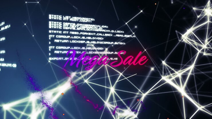 Animation of mega sale in purple and pink text over network of connections and data, on black