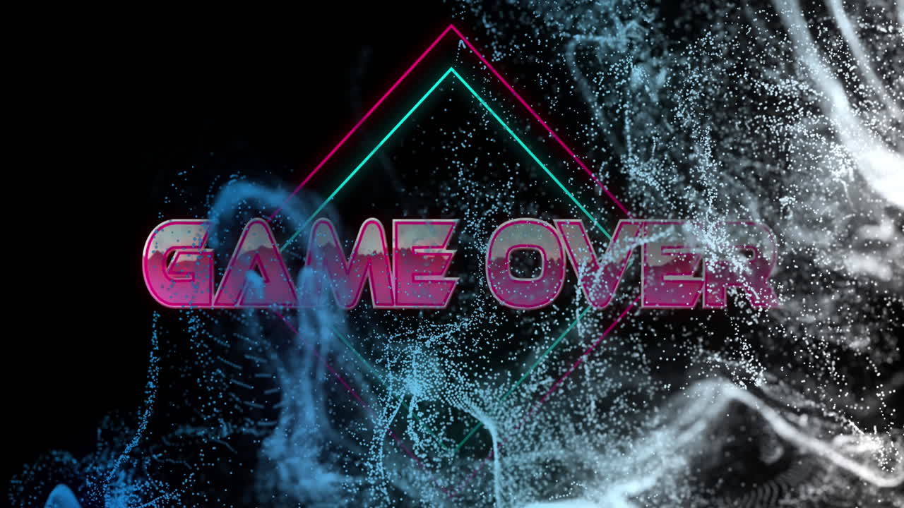 Animazione del testo 'game over' su un'onda luminosa in movimento e forme geometriche
