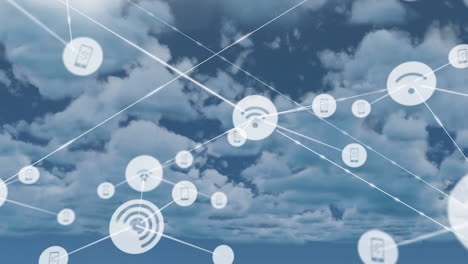 animation of network of digital icons against clouds in the blue sky