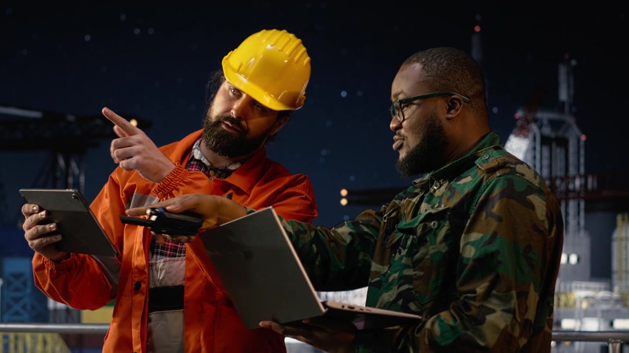 Dealing with oil crisis logistics, laptop and army soldier on drilling barge