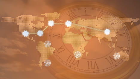 animation of networks of connections and world map over clock moving fast