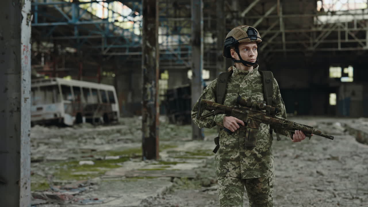Woman Soldier in a War-Torn Factory