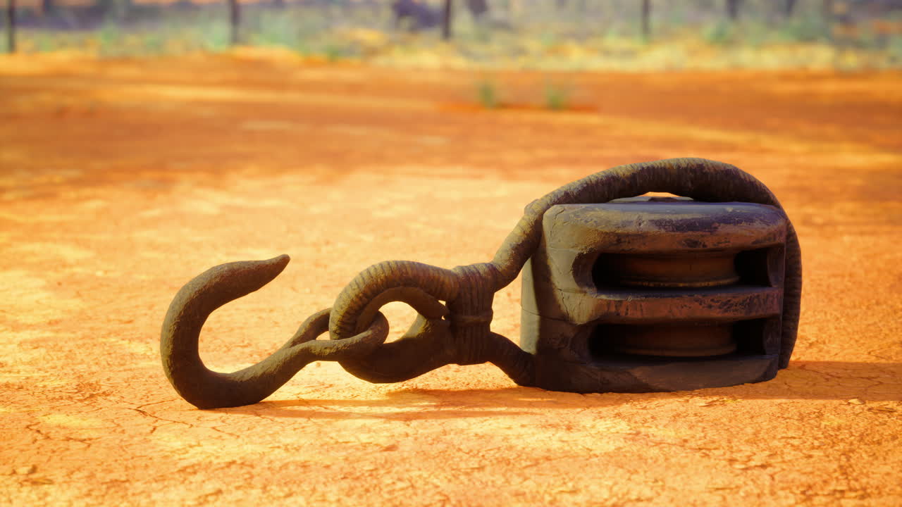 Old Rusty Pulley in a Dry Desert Landscape