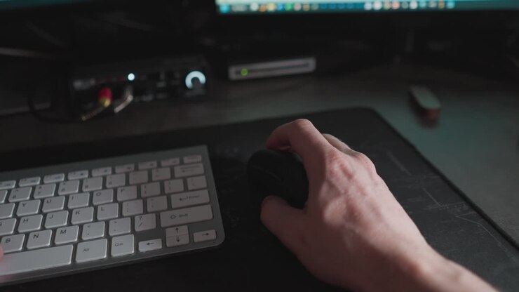 POV shot of hands typing and using a mouse in dim light, with occasional glances at a phone for time-checks during a focused work session
