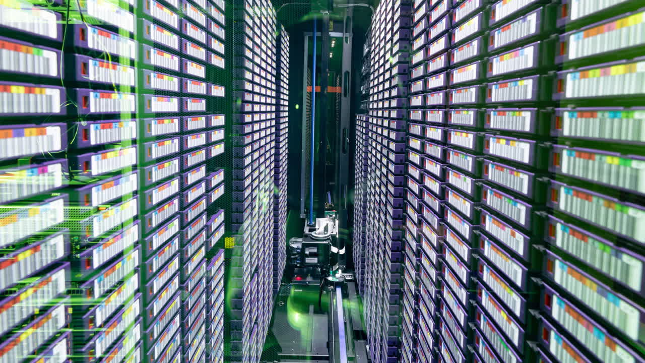 Video of empty corridor with rows of computer servers