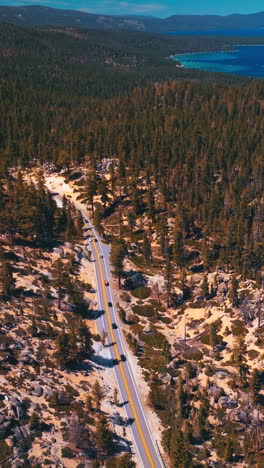 admirable panorama of rocky land covered with pine trees. amazing azure of lake tahoe on sunny hot day. vertical video
