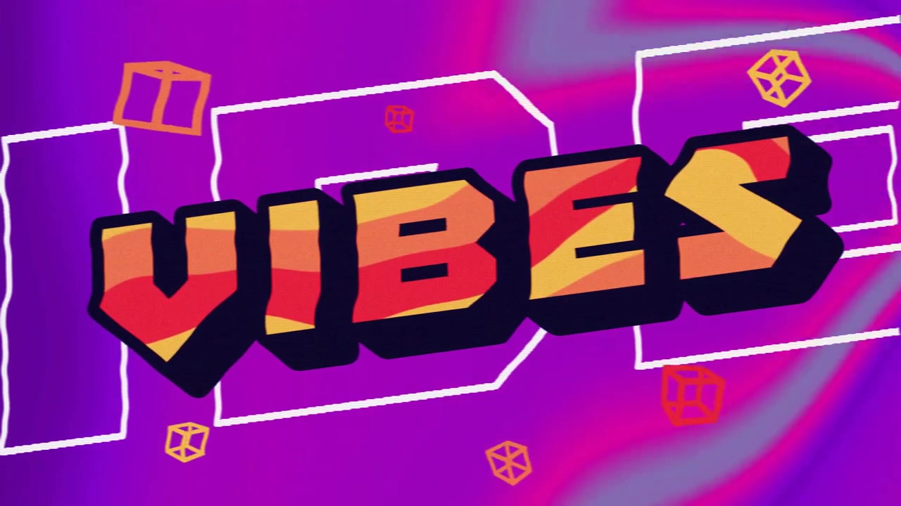 Animazione di testo 'vibes' su sfondo vibrante al neon