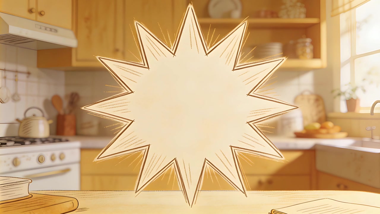 L'animazione inizia, una grafica a stella in stile fumetto pulsa su un bancone da cucina illuminato dal sole, vicino alla finestra.