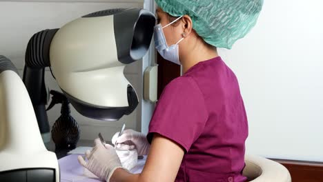 enfermera que trabaja con instrumentos médicos finos en placa de petri mientras ve en el microscopio