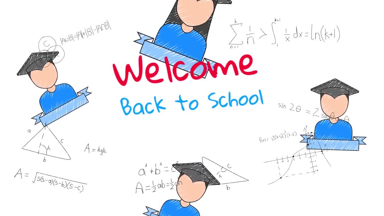 ⁇ 색 배경에 있는 학교 물건 아이콘 위에 학교로 돌아오는 환영 텍스트의 애니메이션