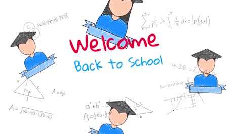 animation of welcome back to school text over school items icons on white background