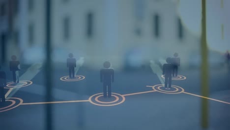 animation of network of connections with icons over cityscape