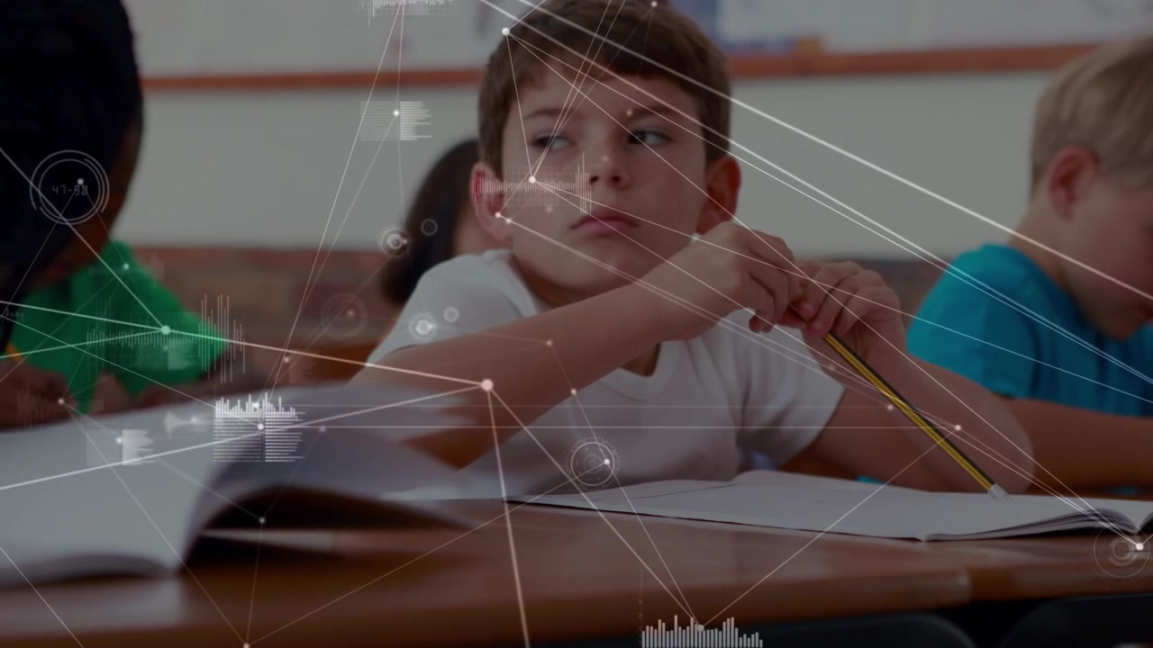 Young Boy Studying in Classroom with Digital Data Overlay
