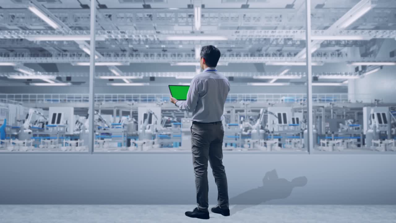 공장 디지털화에서 녹색 화면 태블릿과 함께 서있는 아시아 남성 전문 노동자의 전체 몸의 뒷면