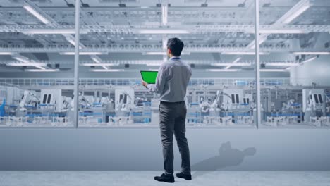 full body back view of an asian male professional worker standing with green screen tablet at factory digitalization
