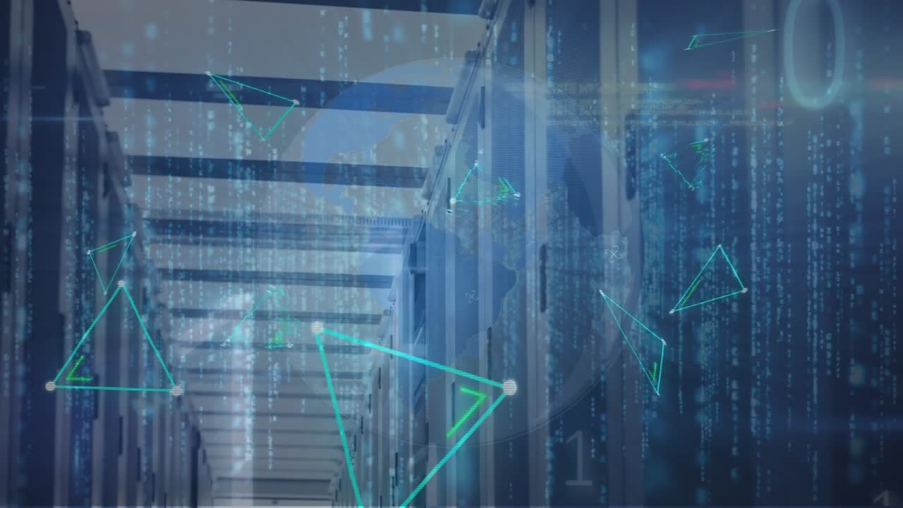 Animation of globe and triangles moving over servers