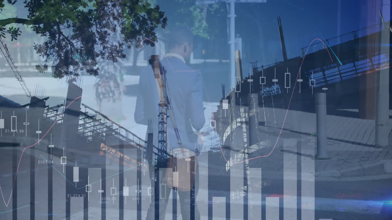 Walking with animation of financial charts, businessman at urban construction site