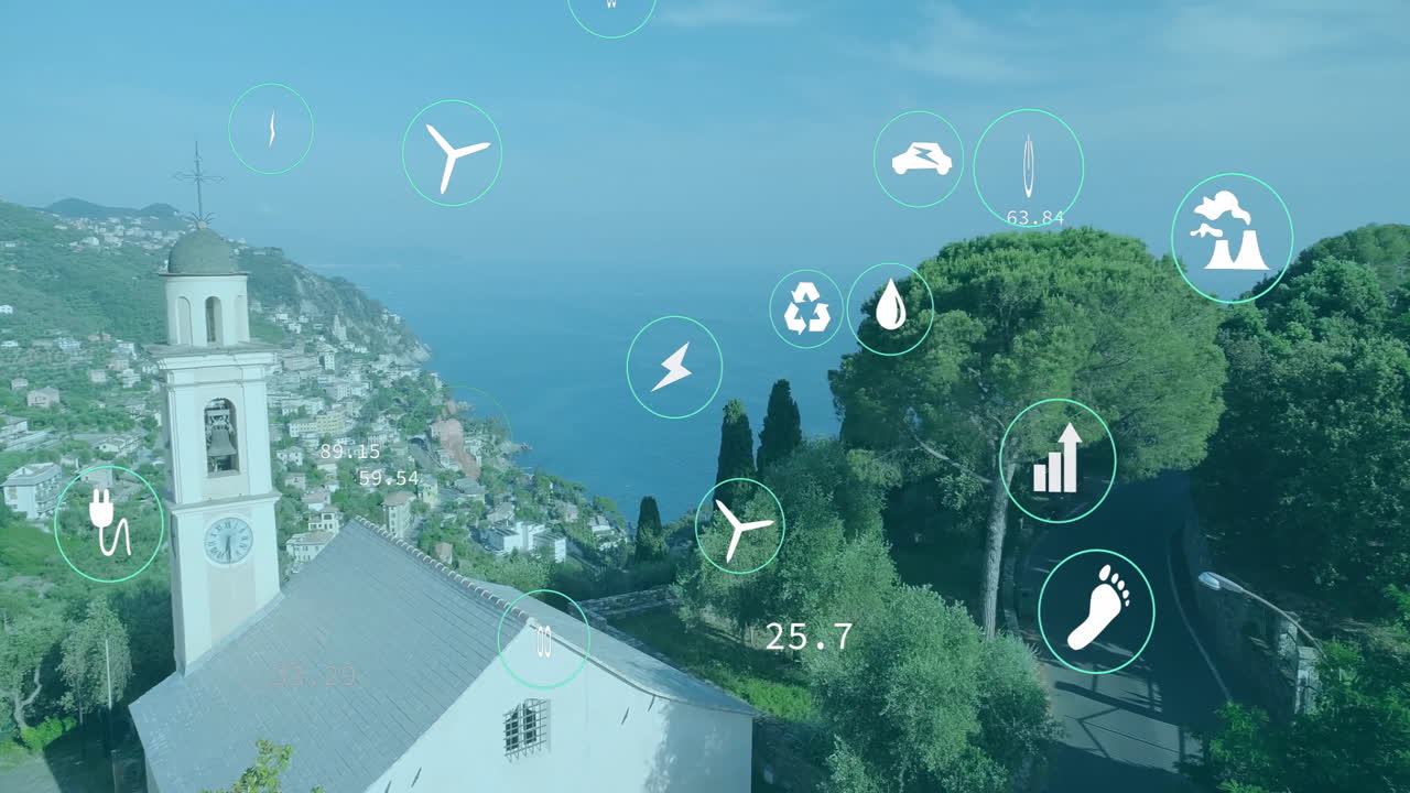 Digital animation overlaying trees and buildings in coastal landscape near sea