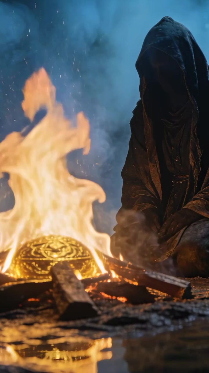 Vertical video: Cloaked figure guarding gold medal glowing in fire in misty clearing, copy space