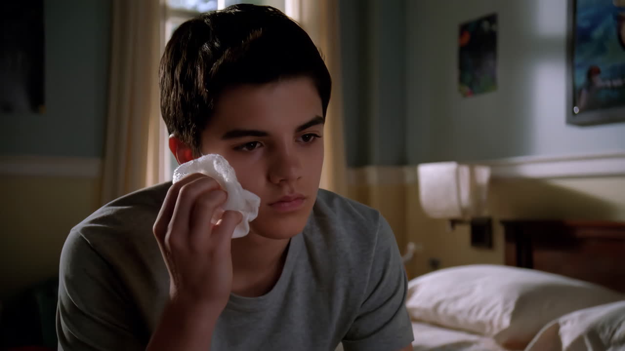 Teenager wiping his face with a towel