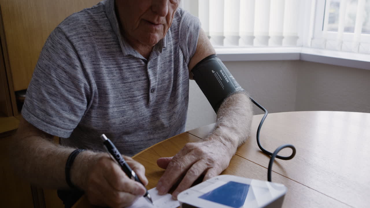 Elderly man checking blood pressure at home