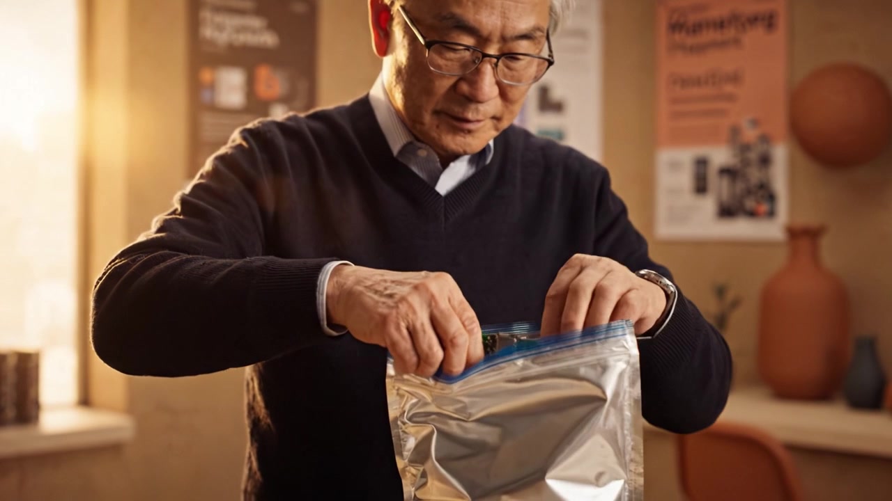 A focused individual examines a circuit board and a sealed bag, highlighting their intricate details in a cozy, well-lit environment full of design elements.