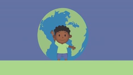 animation of schoolboy icon and globe on blue background